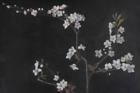 Spring Summer Cycle: Painting of cherry blossoms budding on plant branches