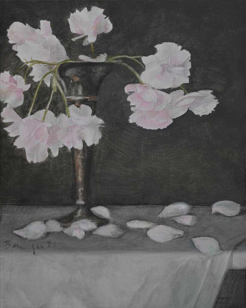 Oil painting of cherry blossom in silver vase standing on white cloth