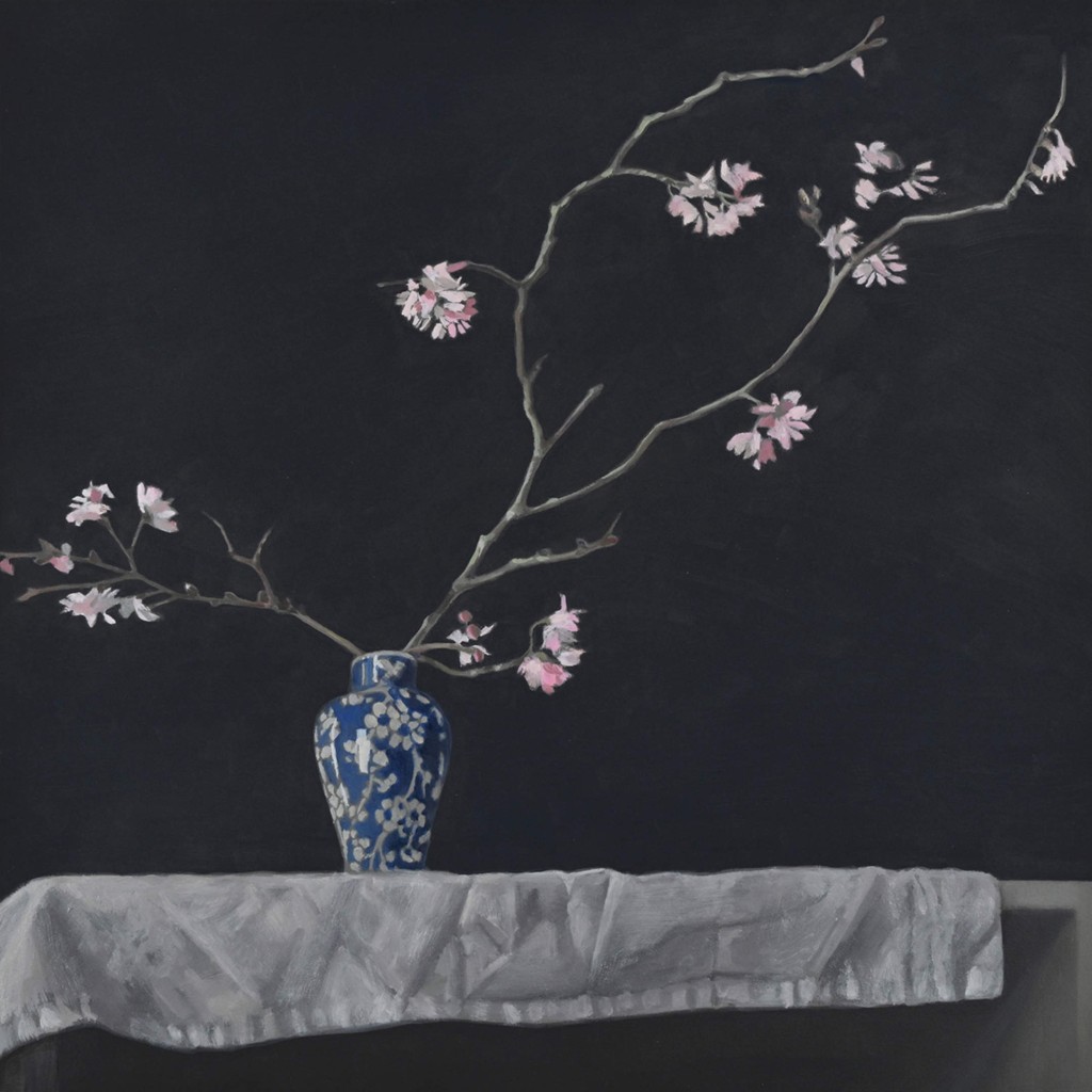 Oil painting of Winter flowering cherry in Japanese vase on white cloth