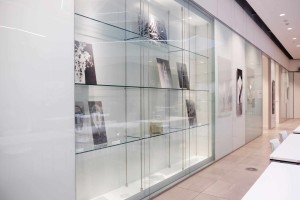 An arrangement of photograms installed within a glass cabinet, adjacent to similar wall-mounted pieces.