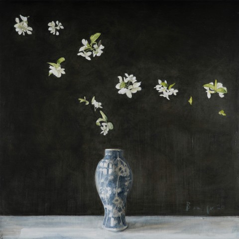 Oil painting of blossoms and vase