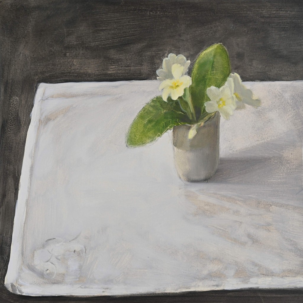 Oil painting of Primroses in saké cup on white cloth