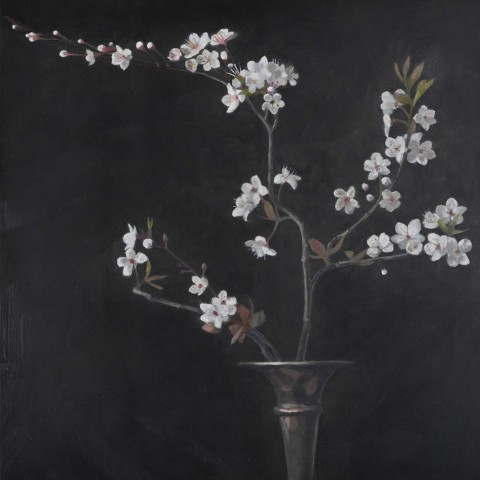 Oil painting of Cherry Plum in a tarnished silver vase