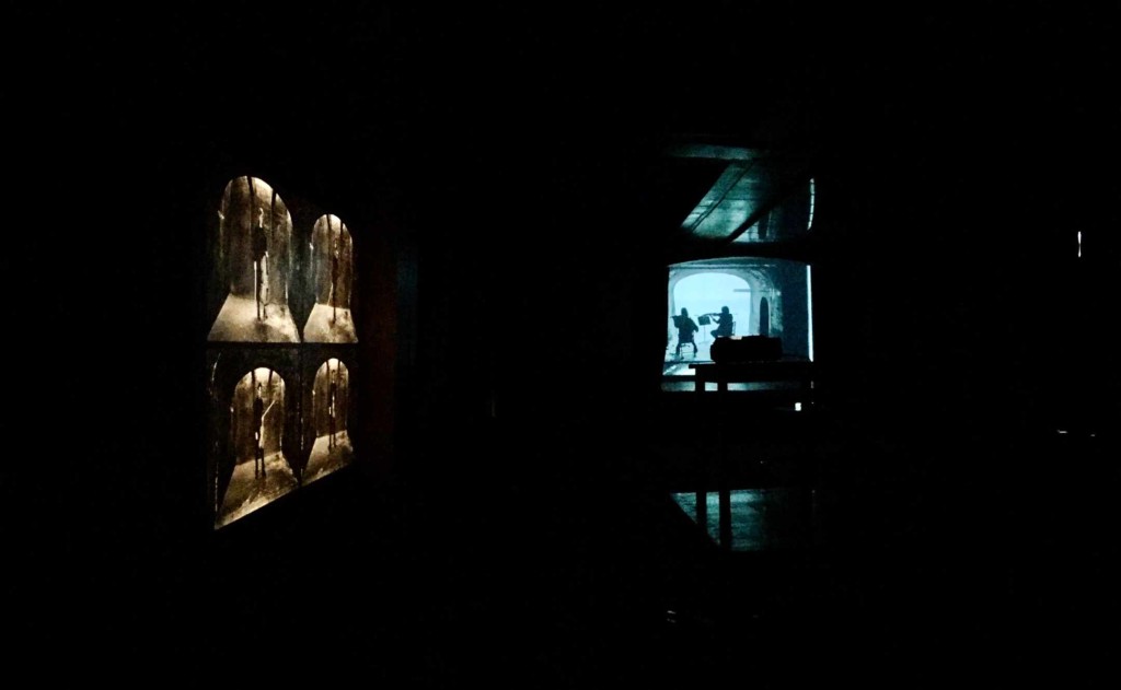 Photographic and film projections showing musicians playing on Sunny Sands Beach, Folkestone