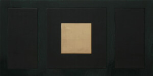Facing view of the artwork "Memory of the Dark", which has a small square gold shape in the middle, surrounded by an enamel black square, which is surrounded by a stained wood long larger rectangle, which includes two long, narrow enameled panels either side.