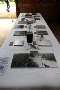 Long table with artworks displayed along it
