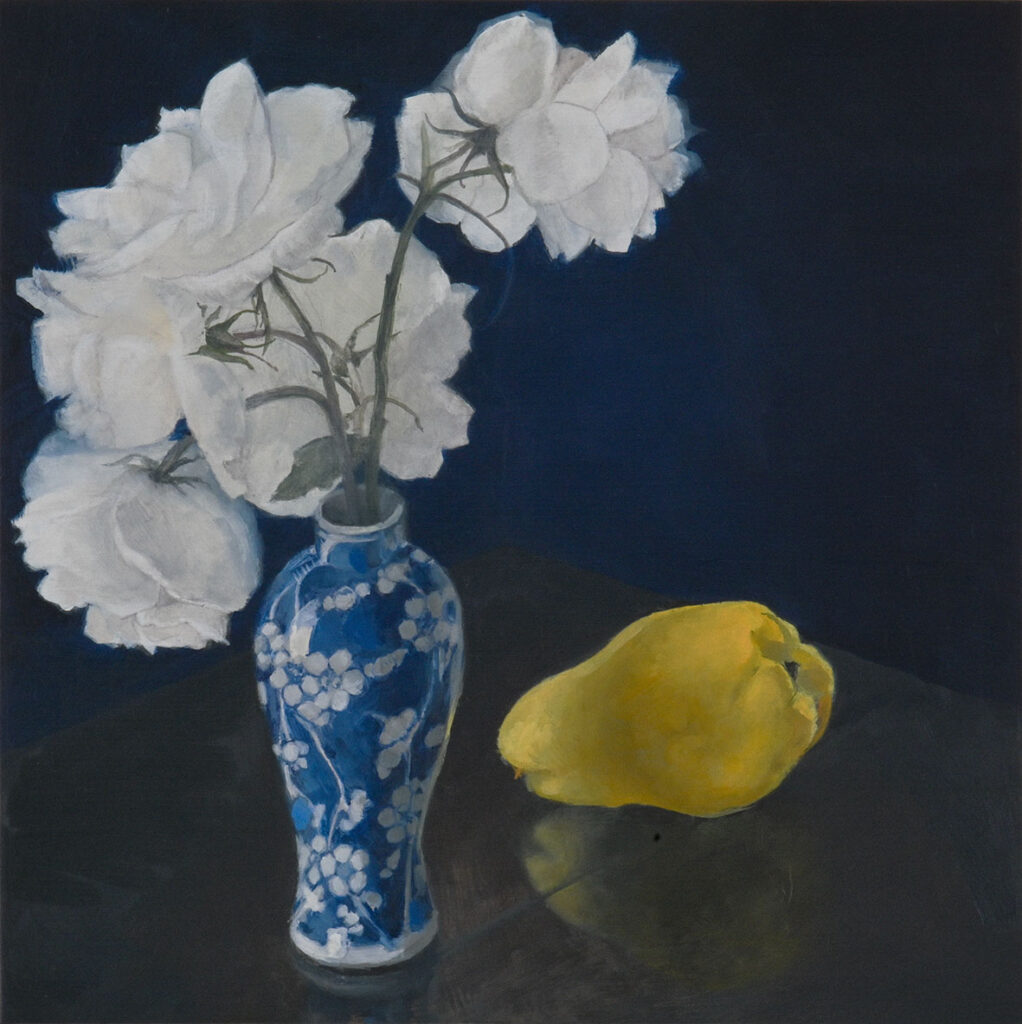 A square, dark painting depicting a blue and white Japanese vase with a bunch of white roses. There is a bright yellow quince next to the vase, which reflects, along with the vase, in the dark varnished wood surface.