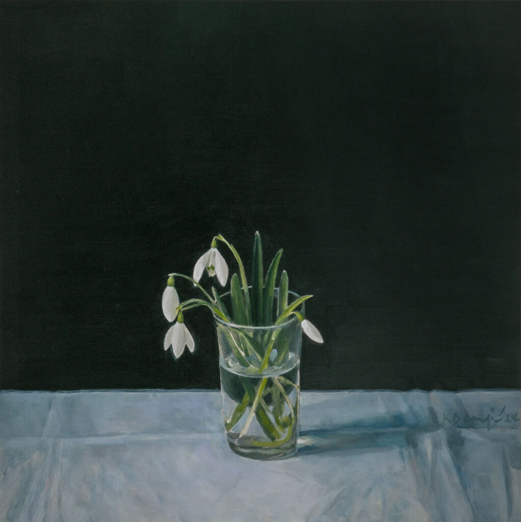 A square painting, depicting 4 snow drop flowers in a simpla glass of water, on a white clothed table, which seems bluish, and has a deep dark green background